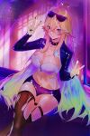  1girl ahoge arielle_(vtuber) blonde_hair blue_eyes breasts city cleavage colorful commentary crossed_legs double_v eyewear_on_head feet_out_of_frame hair_between_eyes heart heart_ahoge heart_o-ring highres indie_virtual_youtuber indoors jacket large_breasts long_hair looking_at_viewer lupo_(lupoyorosiku) multicolored_hair navel o-ring purple_jacket rainbow_hair shorts sitting smile strapless sunglasses thighhighs thighs torn_clothes torn_thighhighs v virtual_youtuber window 