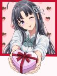  1girl absurdres awa_subaru black_eyes black_hair bow box commentary_request gift gift_box girls_band_cry heart highres holding long_hair macqueen7777 one_eye_closed shirt solo tongue tongue_out upper_body white_shirt 
