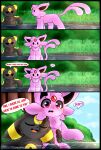  ambiguous_gender blush comic dialogue duo eeveelution english_text espeon female_(lore) feral generation_2_pokemon grass hi_res hug hugging_another hugging_from_behind male_(lore) nintendo plant pokemon pokemon_(species) rockii speech_bubble text umbreon 
