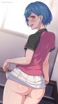  1girl ass blue_hair blurry blurry_background blush butt_crack clothes_lift commentary_request from_behind highres kanikatsuya looking_at_viewer looking_back mole mole_under_eye no_panties orange_eyes original paid_reward_available parted_lips pink_shirt pleated_skirt pussy_juice shiny_skin shirt short_hair skirt skirt_lift smile solo sportswear stairs standing sunlight sweat tennis_club_senpai_(kanikatsuya) tennis_uniform tongue tongue_out white_skirt 