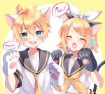  1boy 1girl ahoge animal_ears animal_hands bass_clef belt black_sailor_collar black_shorts blonde_hair blue_eyes blush bow cat_boy cat_ears cat_girl closed_eyes collarbone commentary_request dark_skin double-parted_bangs embarrassed english_text fake_animal_ears fake_tail frilled_shirt frills gloves hair_between_eyes hair_bow hair_ornament hairclip headphones headset highres kagamine_len kagamine_rin kemonomimi_mode looking_at_viewer mani_(manidrawings) medium_hair midriff neckerchief necktie open_mouth parallel_hairclips paw_gloves ponytail sailor_collar shirt short_hair short_sleeves shorts sidelocks simple_background sleeveless sleeveless_shirt speech_bubble swept_bangs tail treble_clef two-tone_background upper_body vocaloid white_background white_bow yellow_background yellow_belt yellow_neckerchief yellow_necktie 
