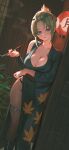  1girl absurdres breasts cleavage commentary_request commission fishnet_thighhighs fishnets gintama green_hair green_kimono highres holding holding_smoking_pipe japanese_clothes kimono large_breasts leaf_print looking_at_viewer parted_lips pixiv_commission purple_eyes qingli_ye scar scar_on_cheek scar_on_face scar_on_forehead short_hair smoking_pipe solo thighhighs tsukuyo_(gintama) 