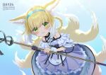  animal_ear_fluff animal_ears arknights bangs bare_shoulders black_gloves blonde_hair blue_hairband blush braid character_name closed_mouth commentary_request copyright_name english_text eyebrows_behind_hair fox_ears fox_girl fox_tail frilled_skirt frills gloves green_eyes hair_rings hairband highres holding holding_staff kitsune looking_at_viewer makkuro multicolored_hair pleated_skirt purple_skirt shirt skirt smile staff suzuran_(arknights) tail twin_braids two-tone_hair white_hair white_shirt 