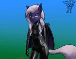 anthro bat_pony clothing collar equid fangs female gradient_background looking_aside mammal my_little_pony portrait rubber rubber_clothing rubber_suit simple_background solo three-quarter_portrait violet_seren warskunk_(artist) 