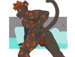 2023 anthro anus balls bed black_body black_fur blush brown_eyes butt ear_piercing eyebrows facial_piercing felid flesh_tunnel full_body_tattoo fur furniture gale_(p_rindustries) gauged_ear genitals hair labret_piercing lip_piercing looking_back male mammal nude on_bed p_rindustries pantherine piercing presenting presenting_anus presenting_hindquarters raised_tail red_hair simple_background solo spread_butt spreading tail whisker_spots