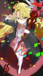  1girl 218_(niiya) absurdres black_jacket blonde_hair blush bow bowtie closed_mouth collared_shirt commentary_request confetti corset don_quixote_(project_moon) e.g.o_(project_moon) from_above garter_straps hair_intakes hair_ornament heart heart_hair_ornament highres holding holding_wand holding_weapon in_the_name_of_love_and_hate_(e.g.o) jacket la_manchaland_(identity)_(project_moon) limbus_company long_hair looking_at_viewer pink_bow pink_bowtie pink_corset pink_garter_straps pink_shoes pink_skirt pink_vest pleated_skirt project_moon red_eyes sancho_(project_moon) shadow shirt shoes skirt solo thighhighs v very_long_hair vest wand weapon white_shirt white_thighhighs winged_wand 