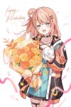  1girl :d aqua_dress aqua_eyes aqua_nails ball baseball_(object) belt blurry blurry_foreground bouquet bow choker commentary_request confetti cowboy_shot dress flower hair_bow hair_bun hair_ornament hairpin happy_birthday highres holding holding_ball holding_bouquet igarashi_rika igarashi_rika_(1st_costume) jacket long_hair long_sleeves looking_at_viewer momoaya_(kazesawa_aya) multicolored_hair nail_polish nijisanji o-ring o-ring_choker open_clothes open_jacket open_mouth orange_flower orange_hair orange_rose rose simple_background single_side_bun smile solo star_(symbol) star_hair_ornament streaked_hair streamers teeth thigh_strap two-tone_hair upper_teeth_only virtual_youtuber white_background white_bow white_streaks yellow_belt yellow_flower yellow_rose 