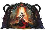  1girl apple apple_slice artist_request bare_shoulders black_hair black_sheep black_snake closed_eyes closed_mouth cloud facial_mark fairy fire flower food fruit highres holding_sheep jelena_(path_to_nowhere) moon moon_phases official_alternate_costume official_art path_to_nowhere pentagram red_eyes red_flower red_moon red_rose rose sheep teardrop_facial_mark 