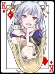  2girls absurdres ahoge black_shirt blonde_hair blue_eyes blue_nails blush brown_eyes card cho_kaguya-hime! colored_inner_hair commentary_request frills fushi_(cho_kaguya-hime!) hair_rings highres kaguya_(cho_kaguya-hime!) king_(playing_card) king_of_diamonds long_hair macqueen7777 multicolored_hair multiple_girls nail_polish open_mouth pink_hair playing_card shirt single_off_shoulder teeth twintails upper_teeth_only white_hair 