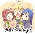  3girls :d ;d ^_^ ahoge amami_haruka blonde_hair blue_hair bow brown_eyes brown_hair closed_eyes closed_mouth commentary_request confetti cropped_torso facing_viewer green_eyes grey_jacket hair_bow happy_birthday holding holding_party_popper hoshii_miki idolmaster idolmaster_(classic) jacket kisaragi_chihaya lapels long_hair multiple_girls multiple_hair_bows notched_lapels one_eye_closed party_popper pink_jacket red_bow short_hair smile tsubobot 