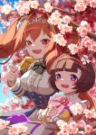  2girls absurdres animal_ears black_bow blue_jacket bow breasts brown_hair center_frills cherry_blossoms commentary_request daiwa_scarlet_(peak_blue)_(umamusume) daiwa_scarlet_(umamusume) dress ear_covers epaulettes fang flower frills hair_intakes hair_ornament hairband highres horse_ears horse_girl jacket large_breasts long_hair long_sleeves multiple_girls nishino_flower_(layered_petals)_(umamusume) nishino_flower_(umamusume) open_mouth outdoors pink_hairband purple_eyes red_eyes shirt short_hair skirt sleeveless sleeveless_dress small_breasts smile teeth tiara tree twintails umamusume upper_teeth_only very_long_hair whamew33 white_shirt wrist_cuffs x_hair_ornament yellow_dress 