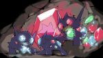  blacknirrow blue_gem colored_teeth commentary commission eating_non-food gem green_gem hands_on_ground highres holding holding_gem mega_pokemon mega_sableye open_mouth pokemon pokemon_(creature) pokemon_focus red_gem sableye sharp_teeth sitting teeth underground yellow_teeth 