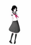  1boy alternate_costume arms_behind_back black_hair black_ribbon black_shoes black_socks blush closed_mouth commentary_request crossdressing crossdressing_(mtf) fetishist full_body girly_boy grey_sailor_collar grey_skirt hair_ornament hairclip highres holding_own_arms invisible_floor kneehighs loafers looking_at_viewer male_focus neck_ribbon neckerchief purple_eyes red_neckerchief ribbon sailor_collar school_uniform science_adventure serafuku shirt shoes short_hair short_sleeves shy simple_background skirt skull_hair_ornament socks solo standing steins;gate trap urushibara_luka white_background white_shirt white_trim 