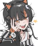  1girl animal_ear_headphones animal_ears black_hair black_sweater cat_ear_headphones cat_ears commentary_request eyeball_hair_ornament fake_animal_ears hand_over_eye hand_up headphones kyeong_(vv3929) long_hair long_sleeves looking_at_viewer mahou_shoujo_no_majo_saiban multicolored_hair nail_polish open_mouth orange_eyes orange_nails sawatari_coco sharp_teeth slit_pupils smile solo star_(symbol) streaked_hair sweater teeth upper_body 