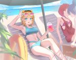  1boy 3girls :3 absurdres arima_kana beach bikini blonde_hair blue_bikini blue_eyes blue_hair bow breasts commentary cup english_commentary eyewear_lift fang hair_bow hair_bun highres holding holding_cup hoshino_aquamarine indoors jewelry kurokawa_akane large_breasts medium_breasts memcho multicolored_hair multiple_girls navel necklace ocean oshi_no_ko parasol purple_bikini red_hair red_tank_top riiyumy roots_(hair) single_hair_bun stomach swimsuit tank_top umbrella yellow_bow yuri 