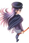  1girl absurdres blush breasts cloak closed_mouth commentary_request from_above from_behind full_body hair_between_eyes hat highres holding holding_sword holding_weapon jacket jitome katana kido_ayame_(kimi_wa_008) kimi_wa_008 large_breasts loafers long_hair looking_at_viewer matsuena_shun miniskirt official_art pleated_skirt purple_eyes purple_hair shoes simple_background skirt solo standing sword thighhighs weapon 