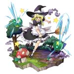  1girl back_bow black_dress black_hat black_shoes blonde_hair blush bow braid break~ broom chinese_commentary commentary_request dress embodiment_of_scarlet_devil frilled_dress frills full_body hair_bow hat hat_bow highres kirisame_marisa looking_at_viewer mushroom open_mouth orb outdoors puffy_short_sleeves puffy_sleeves shoes short_sleeves side_braid single_braid socks solo throwing touhou tree white_bow white_socks witch_hat yellow_eyes 