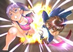  1girl 2boys ahoge akashi_eito_(kimi_wa_008) arms_up bouncing_breasts breasts brown_eyes brown_hair cleavage clenched_teeth collarbone commentary_request covered_nipples crop_top deformed emphasis_lines explosion explosion_background hair_between_eyes highres holding holding_sword holding_weapon jacket katana kido_ayame_(kimi_wa_008) kimi_wa_008 large_breasts long_hair matsuena_shun motion_lines multiple_boys official_art panties pants parted_lips purple_eyes purple_hair shoes speed_lines standing sword tank_top teeth underwear v-shaped_eyebrows weapon 