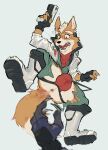 ambiguous_gender anthro anus balls_outline big_bulge black_lips boots bottomwear bulge canid canine canis clawing claws clothing detailed_bulge disembodied_hand duo fingerless_gloves fluffy fluffy_tail footwear fox fox_mccloud fur genital_outline gloves grey_body grey_fur gun handgun handwear hi_res holding_gun holding_handgun holding_object holding_pistol holding_ranged_weapon holding_weapon jacket jockstrap lips male male_focus mammal mostly_clothed nintendo orange_body orange_fur pants pistol ranged_weapon ravan scouter sharp_teeth shoes solo_focus star_fox tail teeth topwear torn_bottomwear torn_clothing torn_pants underwear weapon whiskers wolf wolf_o'donnell