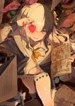  1girl belt black_belt black_hair black_jacket blue_eyes blush book candle collarbone collared_shirt commentary_request from_above gradient_eyes hand_up heart heart-shaped_pupils highres holding holding_book jacket legs long_sleeves looking_at_viewer maria_(syake-uni) multicolored_eyes multicolored_hair navel neckerchief open_book open_clothes open_jacket pages parted_lips pink_eyes pink_pupils shadowverse shadowverse:_worlds_beyond shirt shorts shymm_(shadowverse:_worlds_beyond) solo symbol-shaped_pupils thighs two-tone_hair white_hair white_shirt white_shorts yellow_neckerchief 