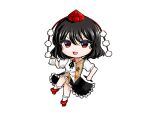  :3 black_hair black_skirt chibi chibi_only commentary frilled_skirt frills full_body geta hat highres holding holding_notebook holding_pencil jyugem looking_at_viewer notebook open_mouth pencil pom_pom_(clothes) puffy_short_sleeves puffy_sleeves red_eyes red_hat shameimaru_aya short_hair short_sleeves simple_background skirt tengu-geta tokin_hat touhou v-shaped_eyebrows white_background 