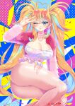  1girl ahoge arielle_(vtuber) ass blonde_hair blue_eyes breasts choker cleavage commentary earrings eyewear_on_head fishnet_pantyhose fishnets fur_jacket hair_between_eyes heart heart-shaped_eyewear heart_ahoge highres huge_breasts indie_virtual_youtuber jacket jewelry large_breasts long_hair long_sleeves looking_at_viewer lying multicolored_hair on_side one_eye_closed pants pantyhose pink_nails pink_pants rainbow_hair strapless sugata_ubo sunglasses thick_thighs thighs tight_clothes tight_pants torn_clothes tube_top untranslatable_commentary v very_long_hair virtual_youtuber 