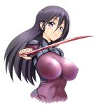  1girl :< blush bodysuit breasts closed_mouth commentary_request covered_navel covered_nipples hair_between_eyes highres holding holding_sword holding_weapon impossible_bodysuit impossible_clothes katana kido_ayame_(kimi_wa_008) kimi_wa_008 large_breasts long_hair looking_at_viewer matsuena_shun official_art purple_bodysuit purple_eyes purple_hair solo sweat sword upper_body weapon 