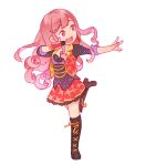  1girl :d black_boots boots commentary english_commentary frilled_skirt frills full_body hand_up highres holding holding_microphone idol idol_clothes jacket knee_boots long_hair long_sidelocks looking_to_the_side microphone miniskirt open_clothes open_jacket open_mouth outstretched_arm pink_eyes pink_hair pleated_skirt red_jacket red_skirt round_teeth sidelocks simple_background skirt sleeveless sleeveless_jacket smile solo standing standing_on_one_leg teeth toaru_majutsu_no_index toaru_majutsu_no_index:_endymion_no_kiseki upper_teeth_only vilatile wavy_hair white_background wireless_microphone 