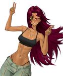  1girl absurdres alternate_costume armpits arms_up belly biting_own_lip black_sports_bra blush breasts colored_skin commentary cowboy_shot cross cross_necklace dc_comics denim double_v dutch_angle green_eyes green_nails highleg highleg_panties highres jeans jewelry long_hair looking_at_viewer medium_breasts narrow_waist navel necklace one_eye_closed orange_skin panties pants parted_bangs red_hair simple_background skinny solo sports_bra standing starfire teen_titans tefi_blum underwear v waist_jewel white_background 