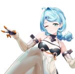  1girl ahoge akaika_(aka) bare_shoulders blue_eyes blue_hair blush braid breasts commentary_request elbow_gloves flower_hairpin gloves hair_ornament hairpin highres latex latex_pants long_hair looking_at_viewer mole mole_on_shoulder one_eye_closed pants see-through_clothes seed_(zenless_zone_zero) simple_background small_breasts smile solo suit white_background white_gloves white_suit zenless_zone_zero 