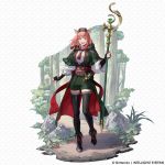  1girl :d absurdres ananke_(fire_emblem) animal_ears ankle_boots artist_request black_boots black_corset black_gloves black_thighhighs blue_eyes boots braid breasts brown_hair capelet coat commentary copyright_notice corset deer_ears deer_girl diorama elbow_gloves english_commentary fingerless_gloves fire_emblem fire_emblem_shadows fold-over_boots forest full_body gloves grass green_capelet green_coat green_shorts hair_between_eyes hair_extensions hat highres holding holding_staff looking_at_viewer medium_breasts medium_hair mini_hat nature neckerchief official_art open_mouth potion red_neckerchief red_sash rock sash shadow shirt short_shorts shorts side_braids sidelocks smile solo staff standing standing_on_one_leg teeth thighhighs thighs three-quarter_sleeves tree upper_teeth_only white_shirt 