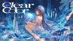  1girl backless_dress backless_outfit barefoot blue_eyes blue_hair breasts closed_mouth commentary creator_name dress english_commentary full_body highres large_breasts long_hair looking_at_viewer looking_back median_furrow original redcxca shoulder_blades sitting smile solo song_name underwater very_long_hair wariza white_dress 