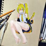  1girl akita_neru antenna_hair ashwin_artss bare_legs bare_shoulders barefoot black_sleeves blonde_hair blush cellphone colored_pencil commentary detached_sleeves feet flip_phone foot_focus holding holding_phone long_hair looking_at_viewer midriff_peek nail_polish necktie number_tattoo outline pencil phone pleated_skirt shirt shoulder_tattoo skirt sleeveless sleeveless_shirt solo tattoo toenail_polish toenails traditional_media very_long_hair vocaloid white_outline white_shirt wide_sleeves yellow_eyes yellow_nails yellow_necktie yellow_trim 