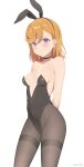  1girl absurdres alternate_costume animal_ears areola_slip areolae arms_behind_back bangs bare_shoulders black_choker black_legwear black_leotard blush breasts choker closed_mouth collarbone coro_fae covered_navel cowboy_shot highres leotard long_hair love_live! love_live!_superstar!! orange_hair pantyhose playboy_bunny purple_eyes rabbit_ears shibuya_kanon shy sideboob simple_background small_breasts solo strapless strapless_leotard sweatdrop thighband_pantyhose wavy_mouth white_background 