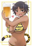  1girl :3 alcohol animal_ears animal_print beer beer_mug bikini black_hair black_nails bon_(vtuber) breasts brown_hair cat_ears cleavage cup dark-skinned_female dark_skin earth_ekami heart highres holding holding_cup indie_virtual_youtuber large_breasts looking_at_viewer mug nail_polish second-party_source short_hair smile solo swimsuit tail tiger_print tiger_tail virtual_youtuber yellow_bikini 
