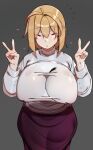  1girl :o ? absurdres ahoge alternate_breast_size_(larger) arcueid_brunestud blonde_hair blush breast_focus breasts commentary deko_morii double_v facing_viewer from_above hair_intakes heart highres huge_breasts long_skirt looking_at_viewer presenting_breasts purple_skirt red_eyes short_hair sidelocks skirt solo sweater tsukihime turtleneck turtleneck_sweater v white_sweater wide_hips 