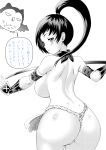  1girl absurdres animal armor ass back bird blush breasts character_request commentary_request cowboy_shot from_behind fundoshi greyscale highres holding holding_sword holding_weapon japanese_armor japanese_clothes katana kimi_wa_008 kote large_breasts long_hair looking_at_viewer looking_back matsuena_shun monochrome ninja official_art owl sideboob simple_background standing sword topless_female weapon 