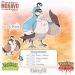  abstract_background artist_name bird brown_bird closed_eyes copyright_logo english_text evolutionary_line fakemon highres logo looking_at_viewer no_humans open_mouth original pink_eyes pokemon pokemon_(creature) sugimori_ken_(style) tubz_az 