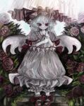  1girl bat_wings brick_road child dress flower hat highres looking_at_viewer mob_cap parasol path red_flower red_rose remilia_scarlet rose short_sleeves socks solo straight-on touhou umbrella white_dress white_socks wings xeu_6 