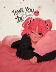  absurdres ass black_eyes black_sweater blunt_bangs breasts cerisebird cleavage commentary english_commentary highres long_hair lying on_stomach one_eye_closed one_piece panties parted_bangs perona pillow pink_eyes pink_hair smile sweater the_pose thighhighs twintails underwear 