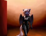  abstract_background anthro bat_pony clothing equid fangs female gradient_background hasbro looking_at_viewer mammal my_little_pony portrait rubber rubber_clothing rubber_suit simple_background solo three-quarter_portrait violet_seren walking_towards_viewer warskunk_(artist) 