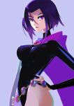  1girl absurdres belt black_leotard breasts coat dc_comics forehead_jewel frown hair_between_eyes hand_on_hip highres leaning_back leotard looking_to_the_side medium_breasts nem_graphics purple_background purple_coat purple_eyes purple_hair raven_(dc) short_hair solo teen_titans 