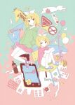  1girl balloon bottle chair commentary_request fish flower giraffe kagamine_rin kagamine_rin_(melancholy) melancholic_(vocaloid) on_chair pastel_colors road_sign sign sitting soda_bottle traffic_light twinkle_(vocaloid) vocaloid yayoi_(egoistic_realism) 
