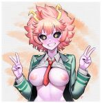  absurdres ashido_mina black_sclera blazer boku_no_hero_academia breasts clothes_lift collared_shirt colored_sclera colored_skin double_v elementary_(lolipope) faux_traditional_media grey_jacket grin highres horns jacket medium_breasts necktie nipples open_clothes open_jacket pink_hair pink_skin purple_nails rebelle_(medium) red_necktie revision school_uniform shirt shirt_lift short_hair smile teeth u.a._school_uniform v white_shirt yellow_eyes yellow_horns 