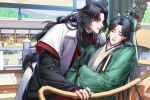  2boys architecture bindi black_hair black_hanfu black_nails blush chair chinese_clothes closed_eyes coat collared_coat commentary_request courtyard crossed_arms curtained_hair east_asian_architecture folded_fan folding_fan green_hanfu green_ribbon half_updo hand_fan hanfu high_collar highres korean_commentary layered_sleeves leaning_back leaning_forward light_particles long_hair long_sleeves looking_at_another luo_binghe male_focus melan_melan multiple_boys on_chair parted_bangs parted_lips raised_inner_eyebrows red_eyes red_lining renzha_fanpai_zijiu_xitong ribbon ribboned_xiao_guan shen_qingqiu straight_hair tile_roof veranda very_long_hair wavy_hair white_coat wide_sleeves yaoi zuiyin 