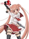  1girl absurdres anime_coloring black_thighhighs dual_wielding fake_horns fangs gun handgun hidan_no_aria highres holding holding_gun holding_weapon holster horns kanzaki_h._aria logo long_hair long_sleeves looking_at_viewer m1911 navel_peek neckerchief official_art open_mouth pink_hair red_eyes red_horns red_neckerchief red_skirt school_uniform serafuku shirt simple_background skirt solo thigh_holster thighhighs twintails very_long_hair weapon white_background white_shirt zettai_ryouiki 