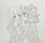  2girls ^_^ blush bob_cut closed_eyes commentary_request ei_(eis0612) frown graphite_(medium) greyscale hair_ribbon hand_on_another's_cheek hand_on_another's_face heart highres inverted_bob jacket looking_at_another love_live! love_live!_nijigasaki_high_school_idol_club medium_hair mifune_shioriko monochrome multiple_girls nakasu_kasumi neck_ribbon nijigasaki_school_uniform open_mouth pen_(medium) profile ribbon school_uniform simple_background spot_color traditional_media upper_body wavy_mouth white_background winter_uniform yuri 