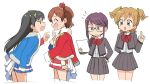  4girls ^_^ aijo_karen arm_behind_back black_hair blonde_hair blue_skirt bow bowtie brown_hair closed_eyes commentary_request crown daiba_nana face-to-face glasses green_eyes grey_jacket grey_skirt hand_on_own_hip holding holding_paper hoshimi_junna index_finger_raised jacket kagura_hikari long_hair long_sleeves looking_at_another mini_crown miniskirt multiple_girls open_mouth paper pleated_skirt purple_hair red_bow red_bowtie red_skirt school_uniform scolding seisho_music_academy_school_uniform shoujo_kageki_revue_starlight simple_background skirt sparkle_hair_ornament standing tsubobot twintails v-shaped_eyebrows white_background 