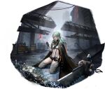  1girl artist_request banner black_cape black_gloves black_shorts black_umbrella bra braid bridge cape chainsaw chromatic_aberration clenched_hand destruction dog_tags frown gloves green_eyes green_hair grey_chaps hairband highres holding_dog_tags kneeling linea_alba mask mask_around_neck navel official_art orange_ribbon path_to_nowhere plague_doctor_mask ribbon security_camera see-through_clothes see-through_midriff see-through_thighhighs short_shorts shorts shoulder_spikes spiked_hairband spikes thighhighs traffic_barrier twin_braids twintails umbrella underwear unworn_mask wendy_(path_to_nowhere) white_bra 