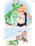  2girls absurdres ahoge animal_ears antlers arielle_(vtuber) blonde_hair blue_eyes blush breasts breasts_squeezed_together chibi commentary deer_ears deer_tail dress english_commentary eyewear_on_head flower gloves green_dress green_hair hair_between_eyes haruka_karibu haruka_karibu_(1st_costume) heart heart_ahoge highres horns indie_virtual_youtuber jacket kiss large_breasts long_hair multicolored_hair multiple_girls navel open_mouth purple_jacket rainbow_hair reindeer_antlers reindeer_girl shorts simple_background sitting smile strapless tail thighhighs thighs torn_clothes torn_thighhighs tube_top veridraws virtual_youtuber vshojo white_tube_top yellow_flower yuri 